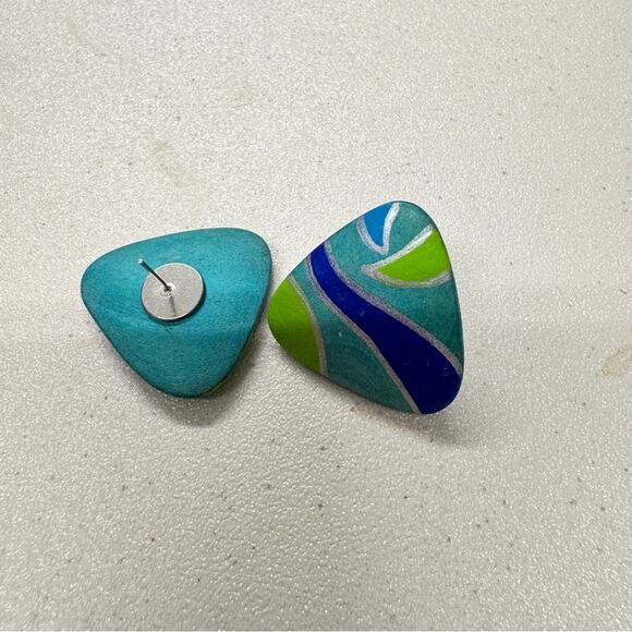 Vintage Blue Green Painted Wood Triangle Earrings Womens 1980s Funky Artsy - Picture 6 of 7